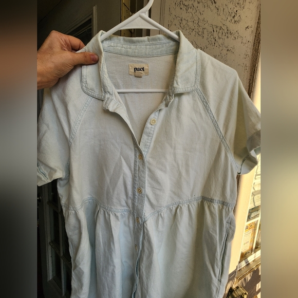 Pact Sky Blue Short Sleeve Shirt Dress 100% Organic Cotton - Picture 2 of 4